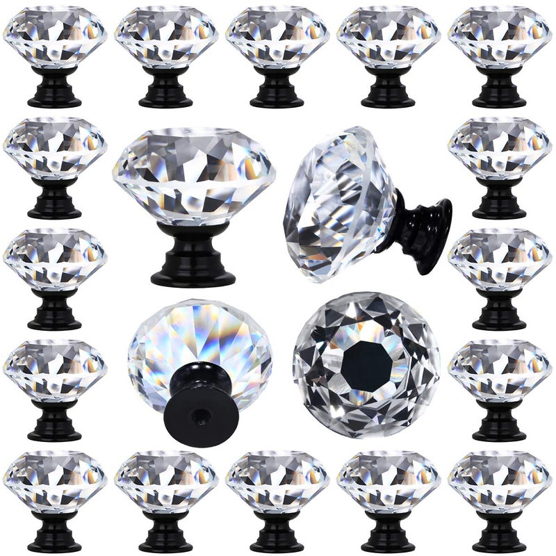 DEELF OUTLET 12 Packs Crystal Cabinet Knobs Drawer Pulls and Knobs Diamond Dresser Handles Crystal Pulls for Drawers - 30 mm Clear Glass Cabinet Knob with Black Base - Image 1